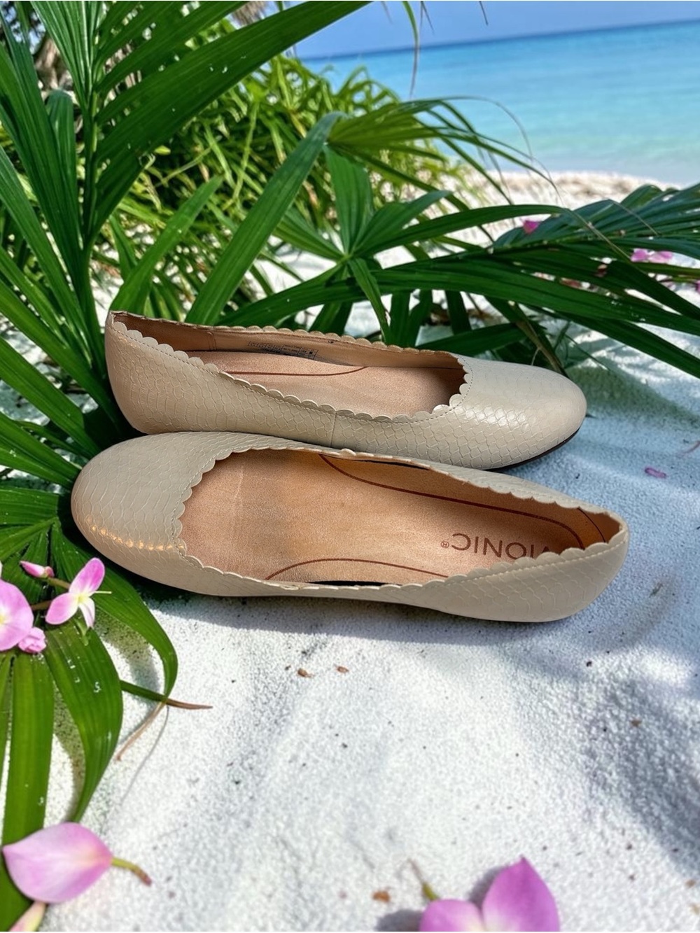Vionic Snake Embossed Julieta Ballet Flat Shadow Womens Beige Size 8.5